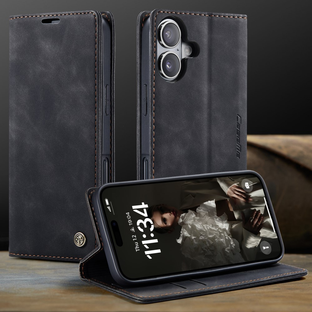iPhone 16 Leder Tasche Flip Wallet Etui mit Kartenfächern - Schwarz