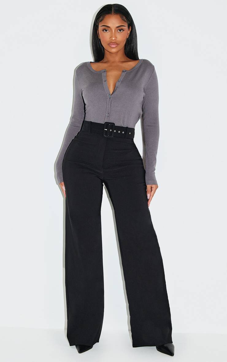 Noir Pantalon Large Taille Haute Ceinturé En Tissu Extensible Shape