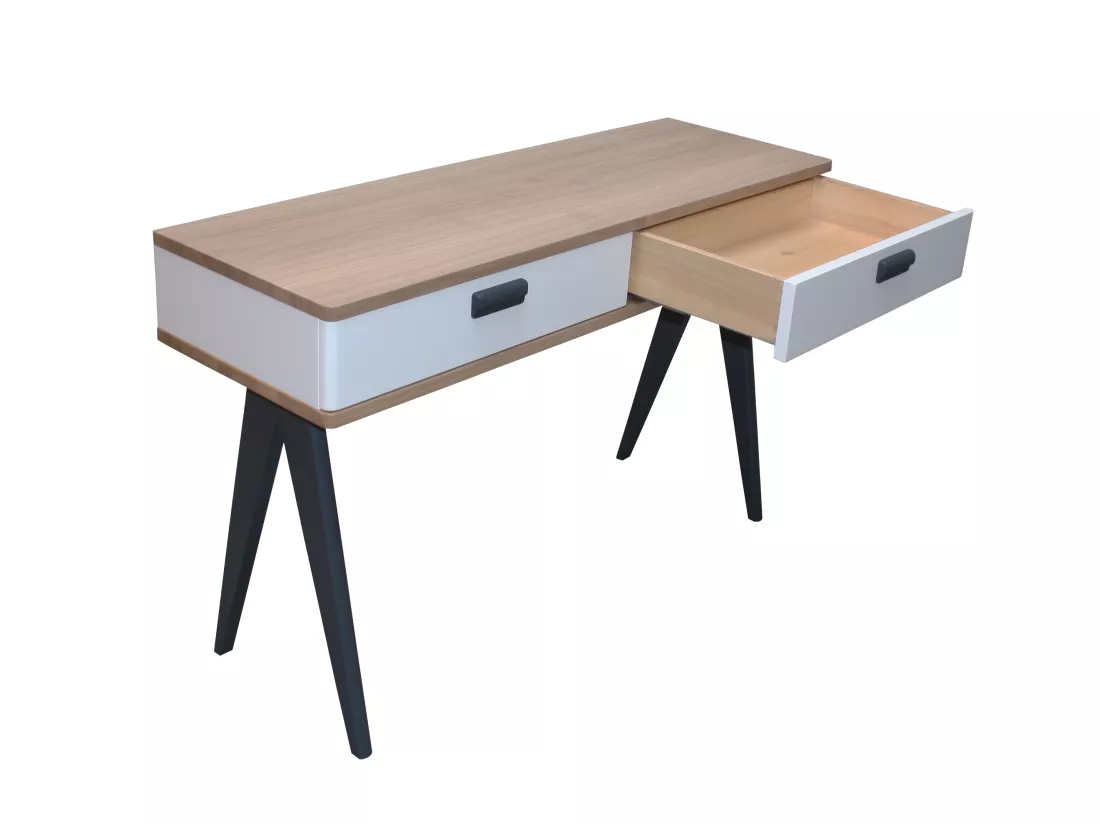 Console chêne blanchi massif et laqué, 2 tiroirs - 130L x 42P