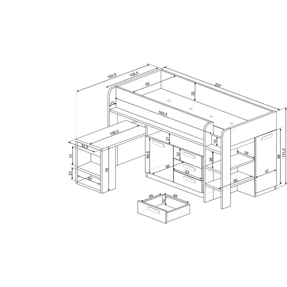 Halfhoogslaper Beau 90x200 met bureau - wit