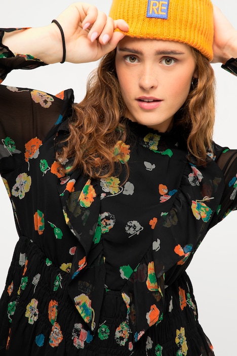 Midikleid, A-Line, Flowerprint, Rüschen-Stehkragen, Langarm