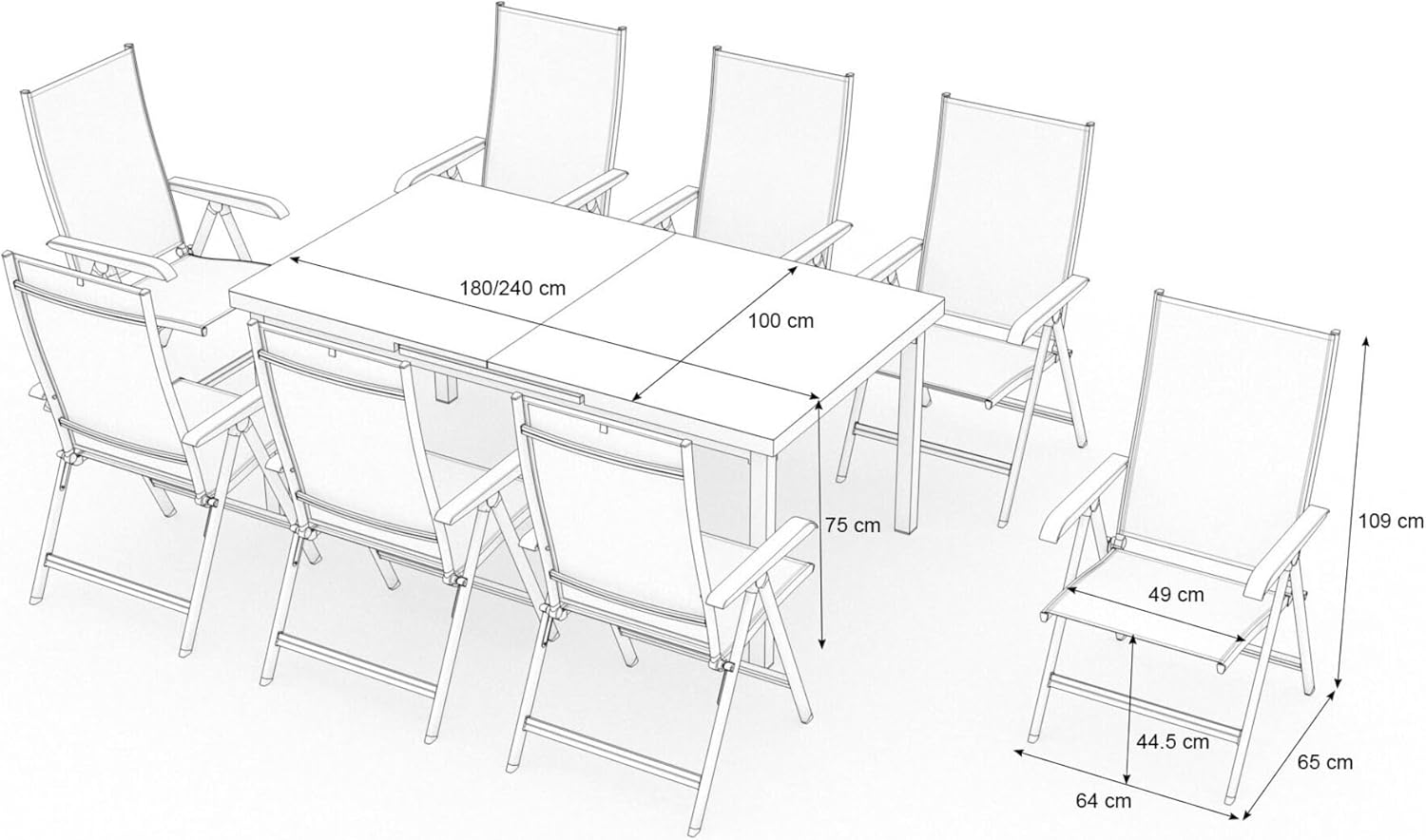 Kettler BasicPlus Esstischgarnitur, anthrazit, Alu/Textilene, Tisch 180/240x100cm, 8 Multipositionssessel