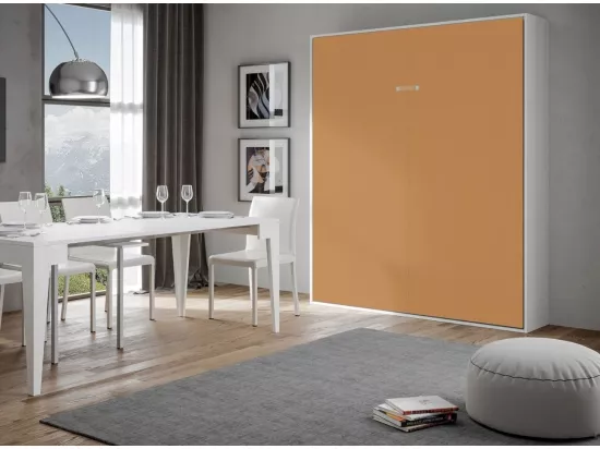 Lit escamotable vertical frêne blanc et porte orange kanto 160x190