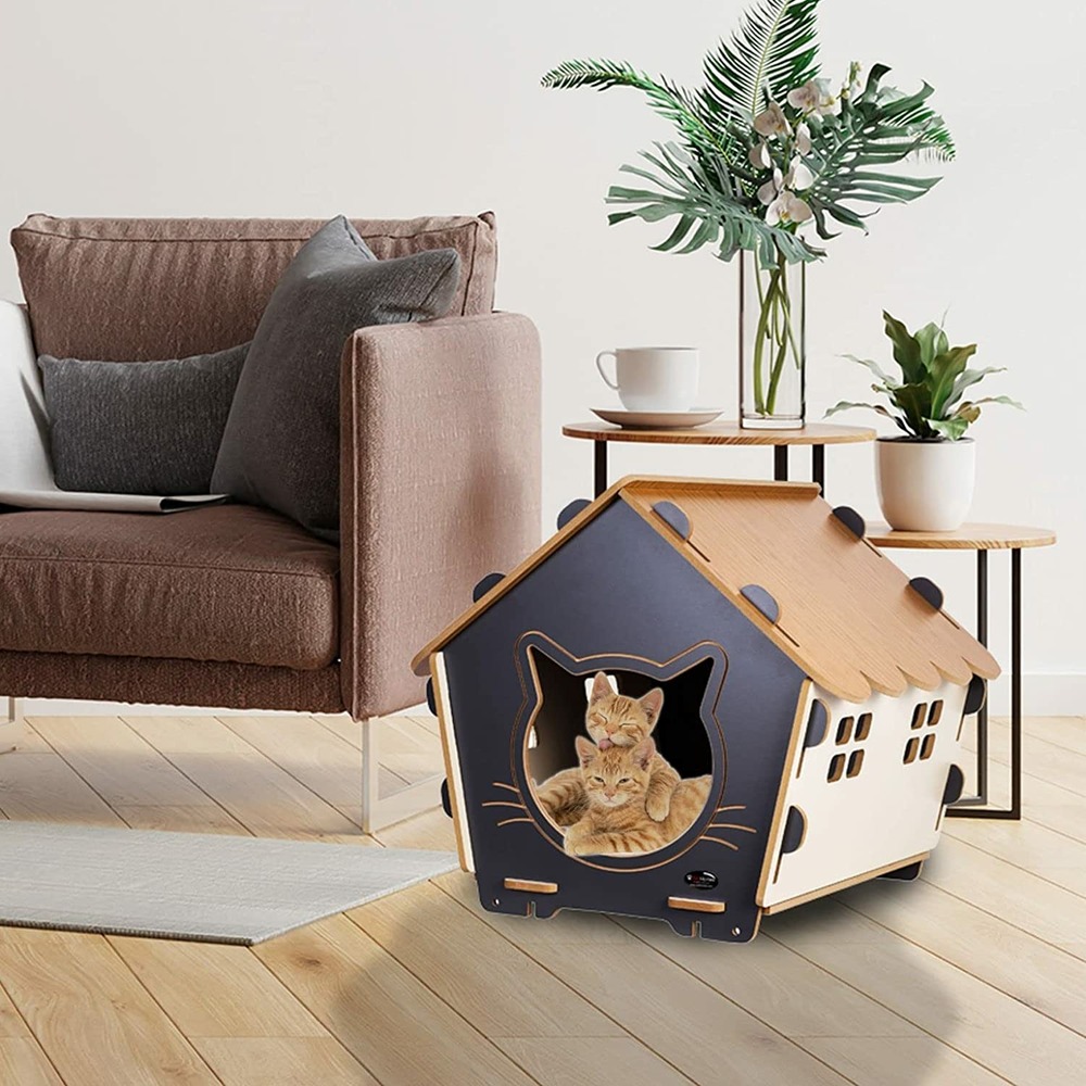 Maison Niche pour Chat - Coussin Grand Confort Amovible Inclus - 49 x 43 x 47 cm - Aspect Bois, Beige et Gris (Gris)