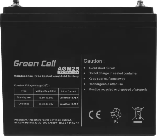 Green Cell - UPS-batteri - 1 x batteri - Sealed Lead Acid (SLA) - 75 Ah - sort
