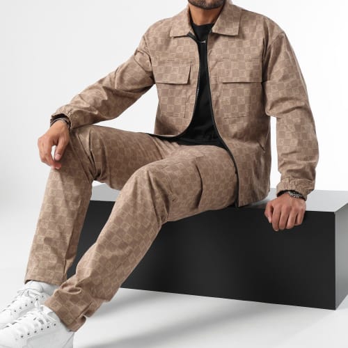 Ensemble Veste Zippée Et Pantalon Cargo Damier 0036 Beige