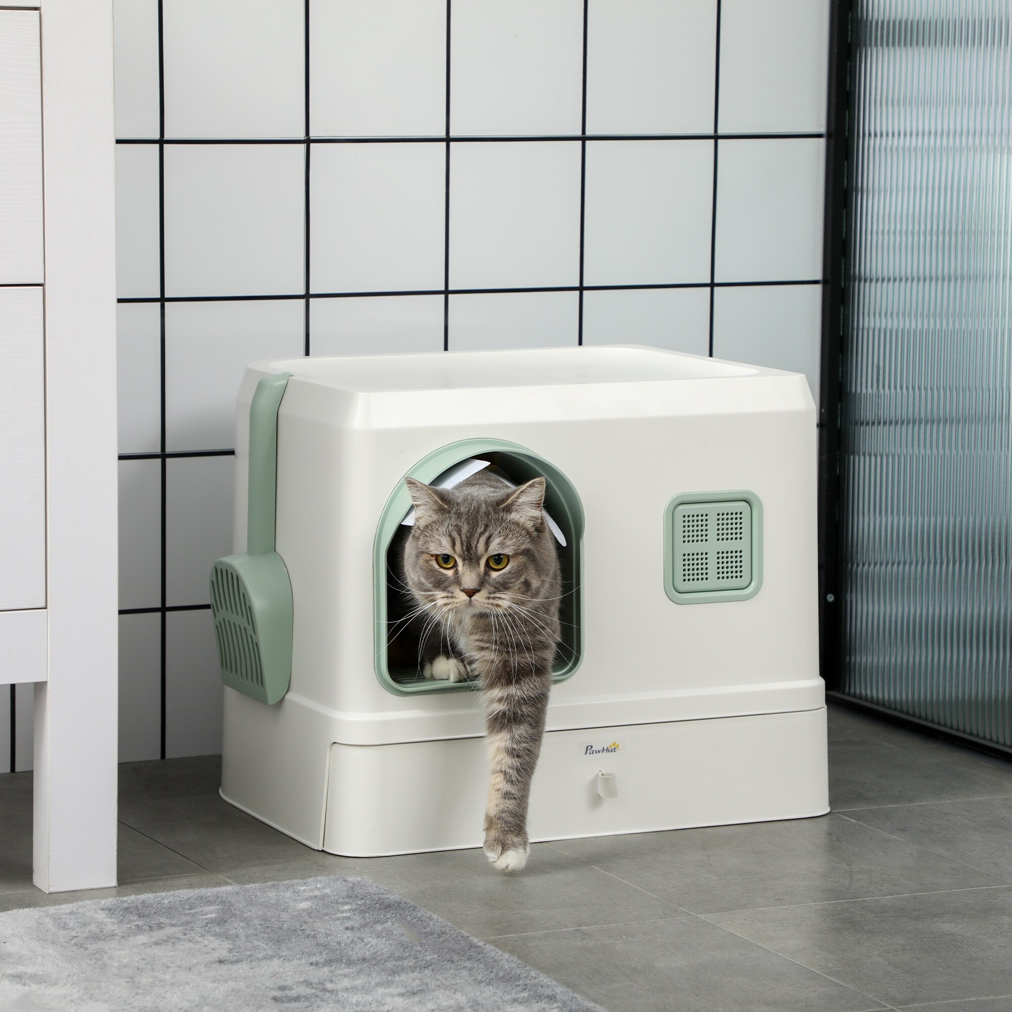 PawHut Katzenklo mit zwei Deodorants und Schaufel weiß, grün 50L x 40B x 40H cm