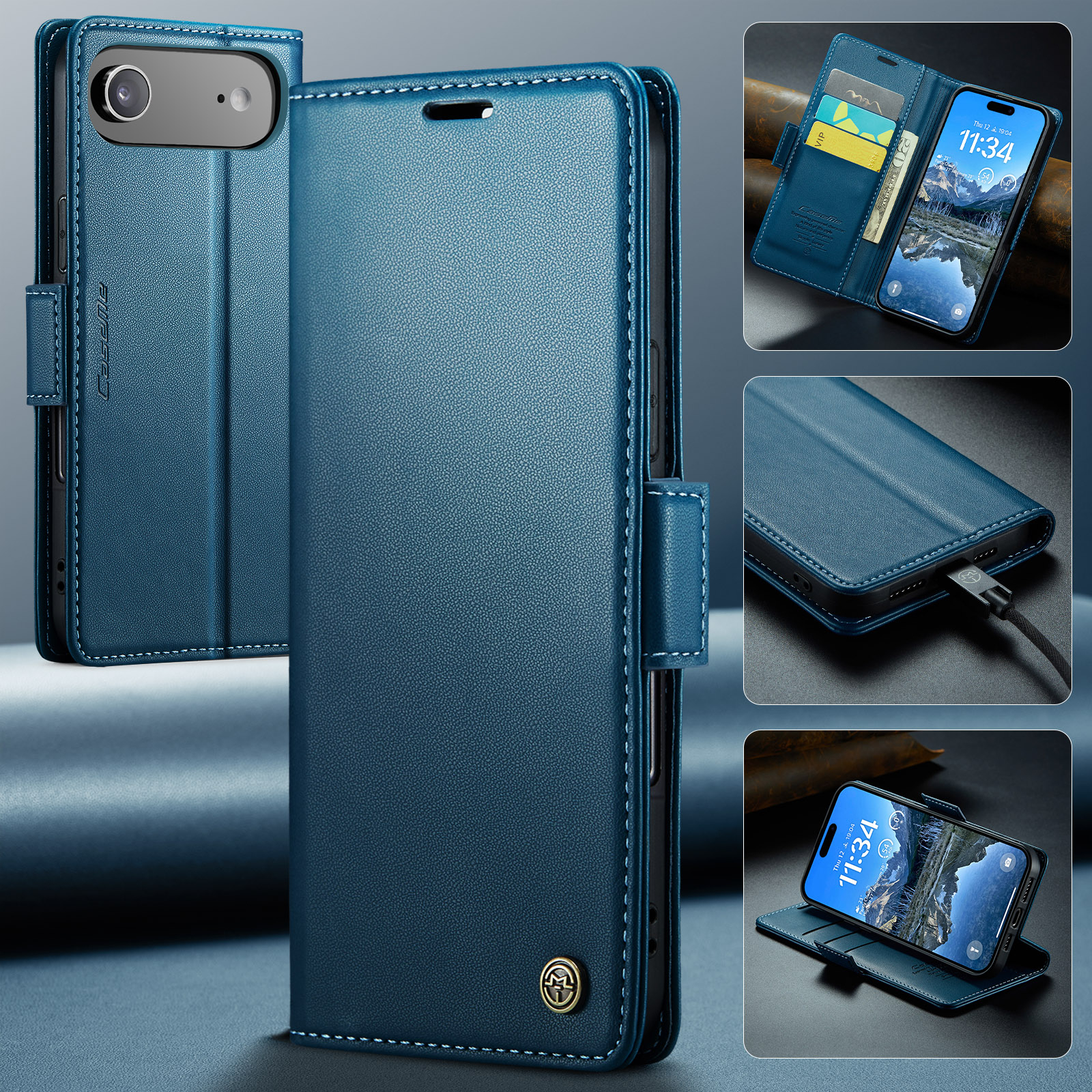 iPhone Air Leder Tasche Flip Wallet Etui mit Kartenfächern Litchi Look (RFID Schutz) - Blaugrün
