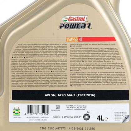 Huile moteur Castrol POWER 1 4T 15W50 4 LITRES Universel