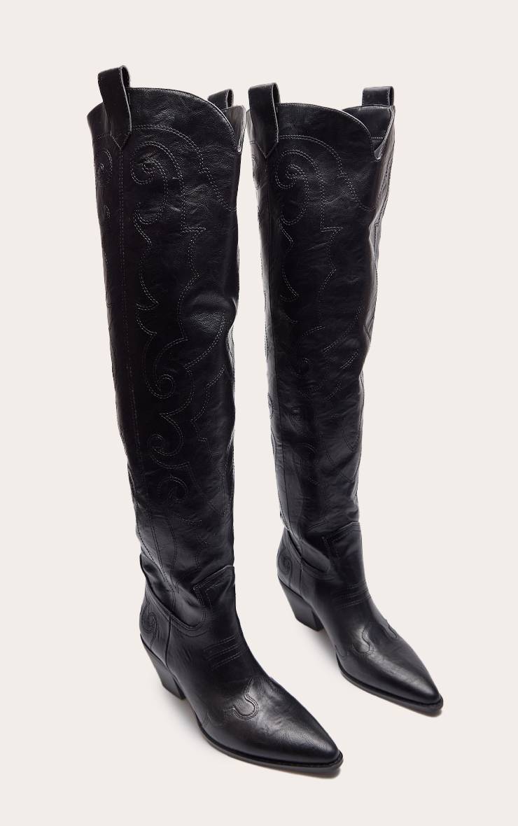 Noir Botte Western Montante À Finition Patinée