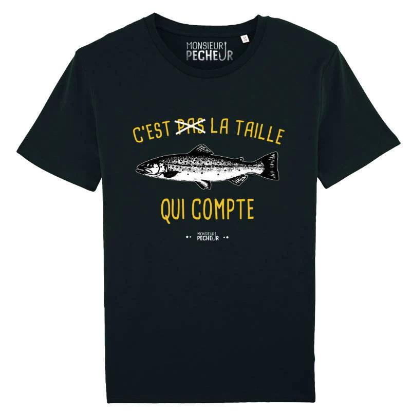 Tee Shirt Manches Courtes Homme Monsieur Pêcheur C'est Pas La Taille Qui Compte - Truite - Noir