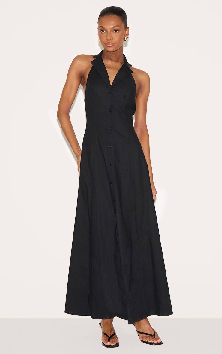 Noir Robe Longue Fleurie À Col Avec Boutonnière
