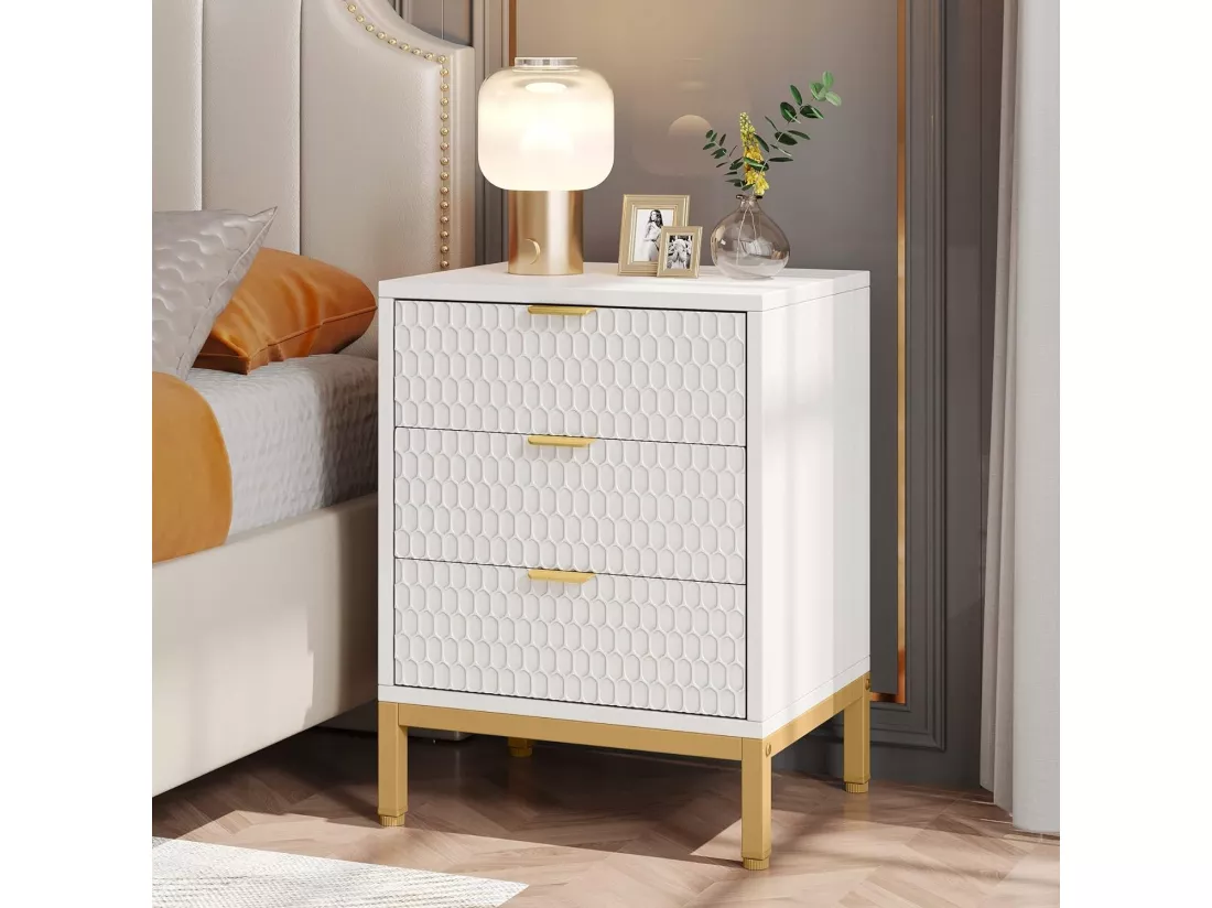 Tribesigns Table de Chevet Moderne de 65,5 cm de Haut avec 3 tiroirs, Table d'appoint contemporaine avec Rangement pour Chambre à Coucher, Salon, Blanc et doré