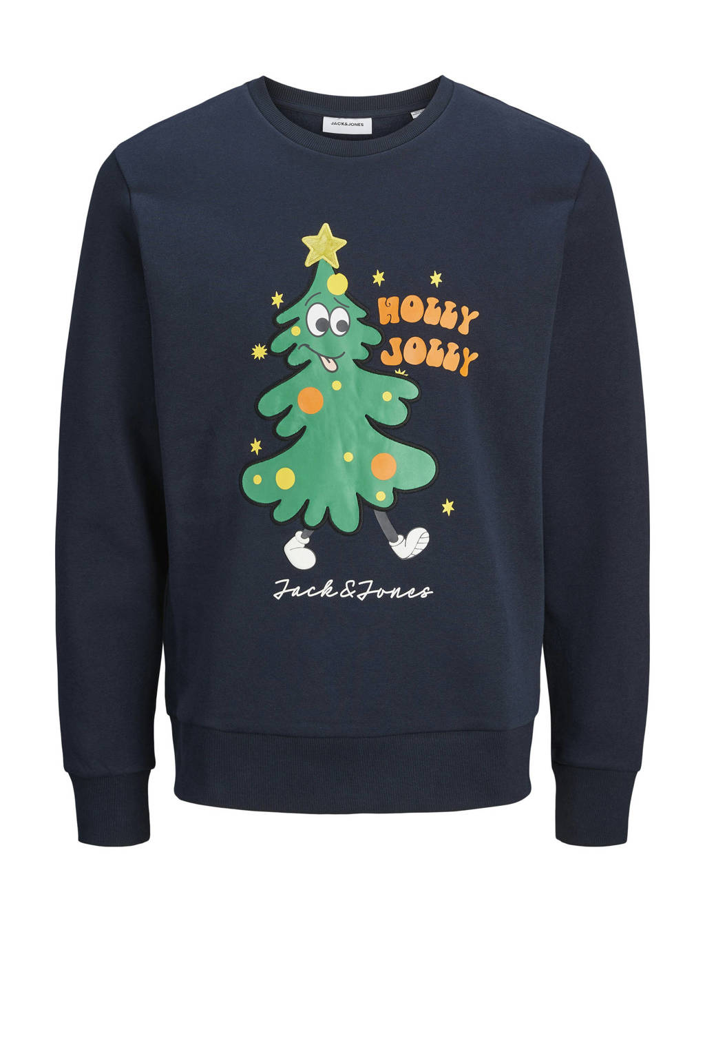 JACK & JONES kerstsweater JJXMAS JOLLY met printopdruk donkerblauw