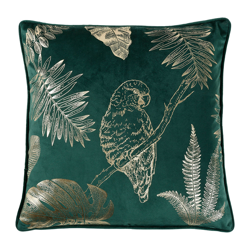 Coussin velours imprimé perroquet doré vert 45x45cm