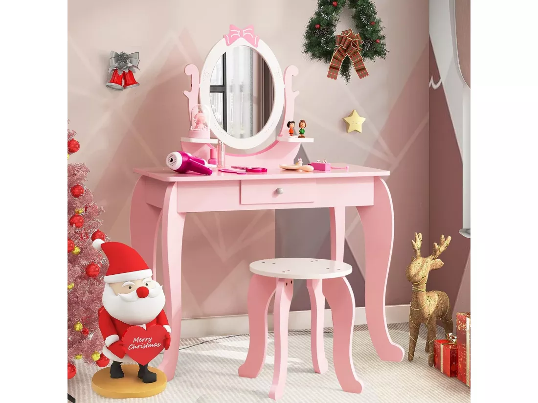Coiffeuse pour Enfant avec Tabouret, Table Maquillage en Bois avec Miroir Rotatif Ovale, Tiroir et 2 Étagères, Rose