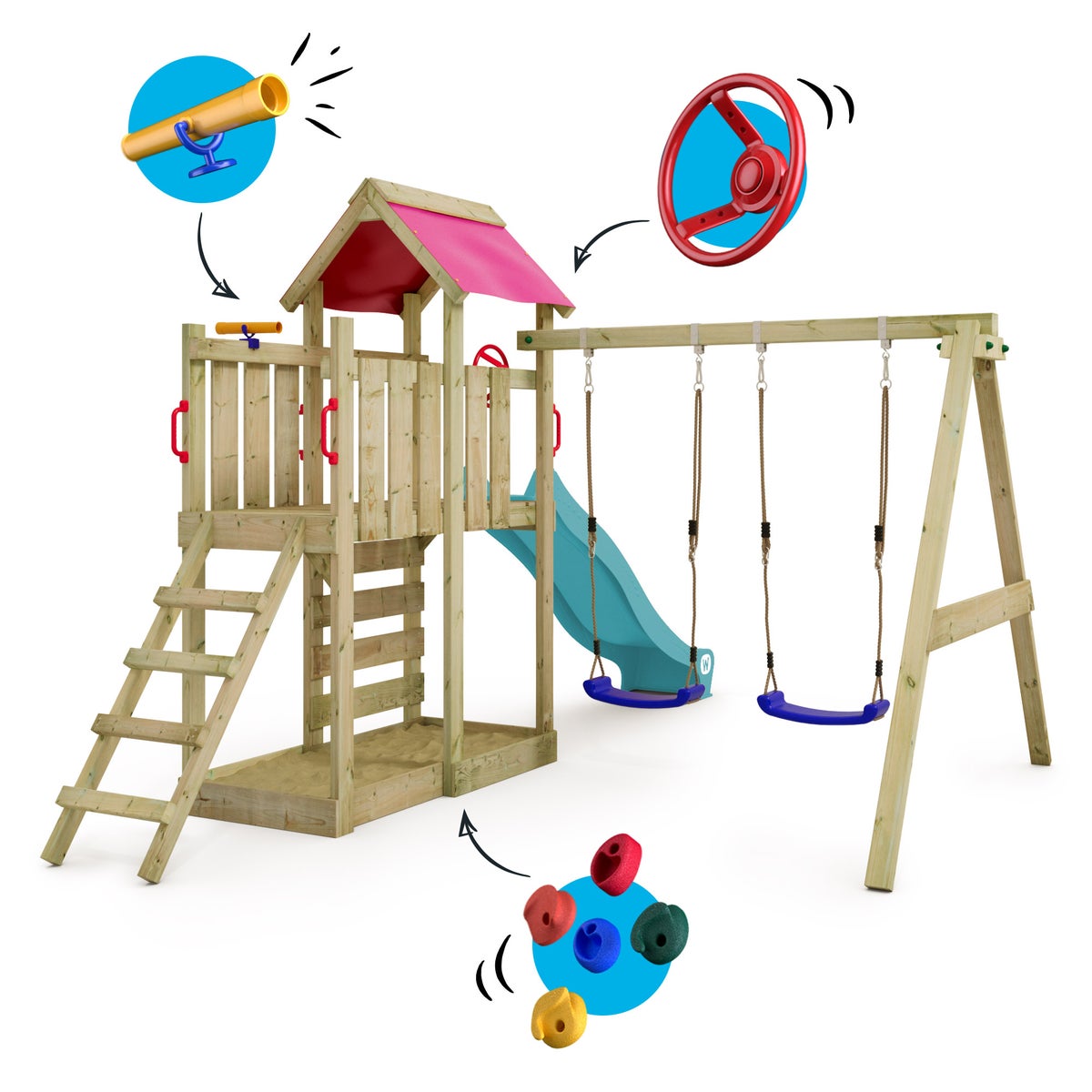 WICKEY MultiFlyer Speeltoren Klimrek met Schommel en Glijbaan, Klimtoren met Zandbak, Ladder en Speelaccessoires - Turquoise
