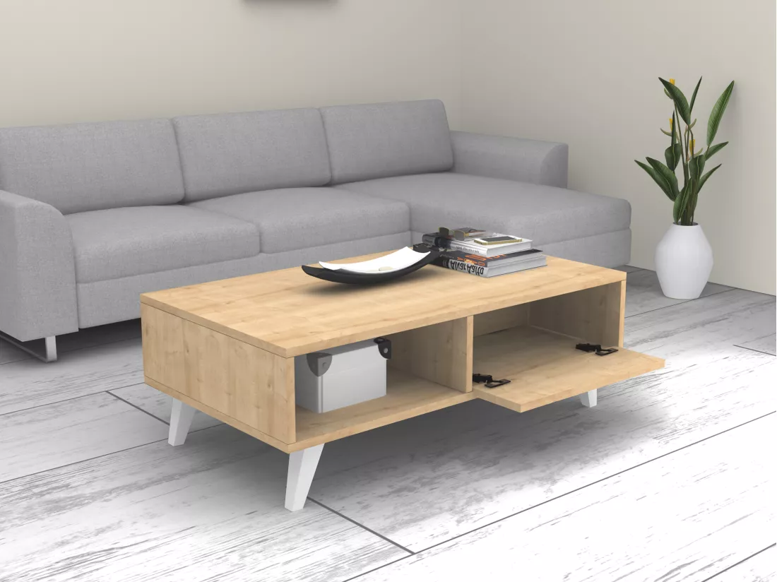 Table basse avec 1 portes et 2 niches - Naturel et blanc - SOLAMIA