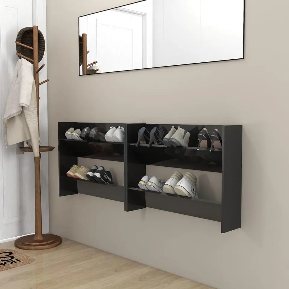 vidaXL - 2-laags Wandshoenenkasten 6 paar - Zwart - 80x18x60 cm - Set van 2