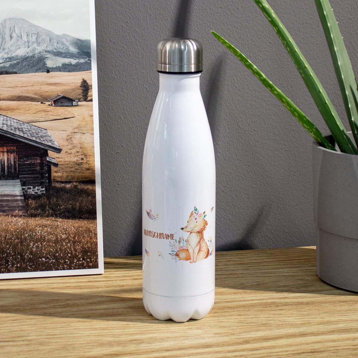 Thermo-Trinkflasche mit Namen, 500 ml, weiß (Motiv: Fuchs)