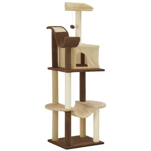 Arranhador para gatos em tons de marrom e bege.
