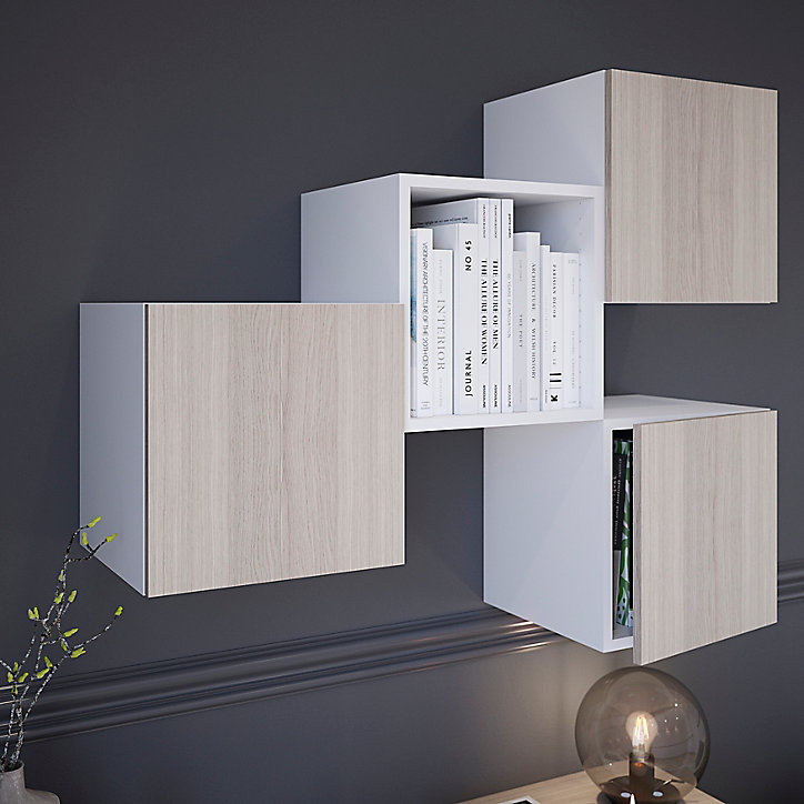 Cube rangement blanc avec porte effet chêne GoodHome Atomia H. 37,5 x L. 37,5 x P. 37 cm