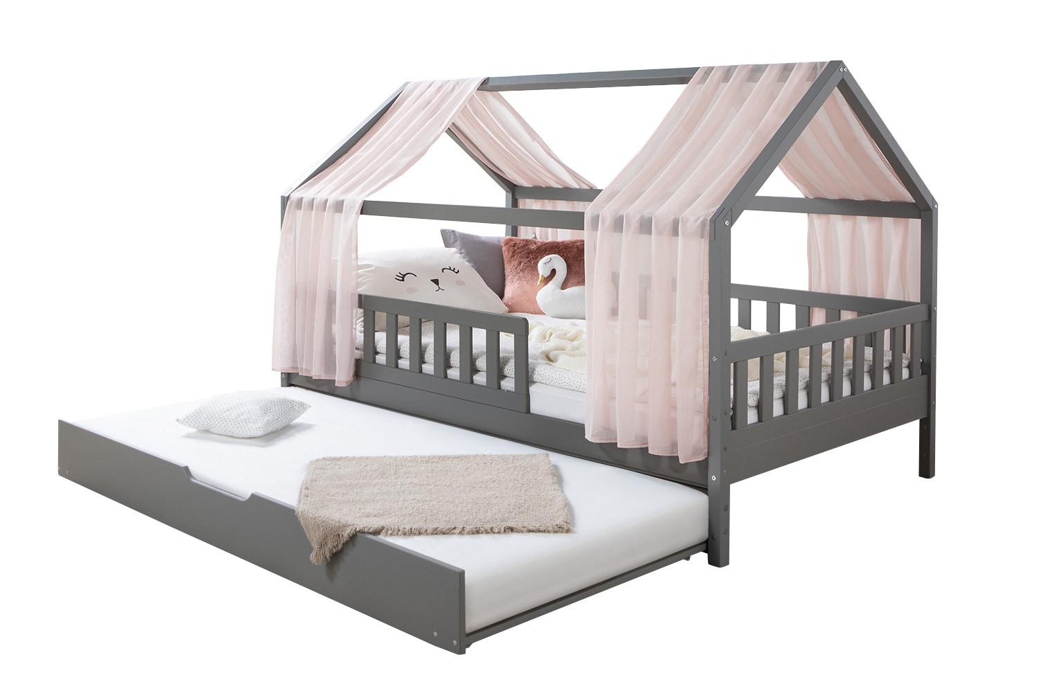 TiCAA Hausbett mit Tüll Kim 90x200 cm, 100x200 cm, 120x200 cm, 140x200 für Jungen & Mädchen, inkl. Rolllattenrost, Zusatzbett und Rausfallschutz variabel, Hellgrau aus Kiefer Massivholz
