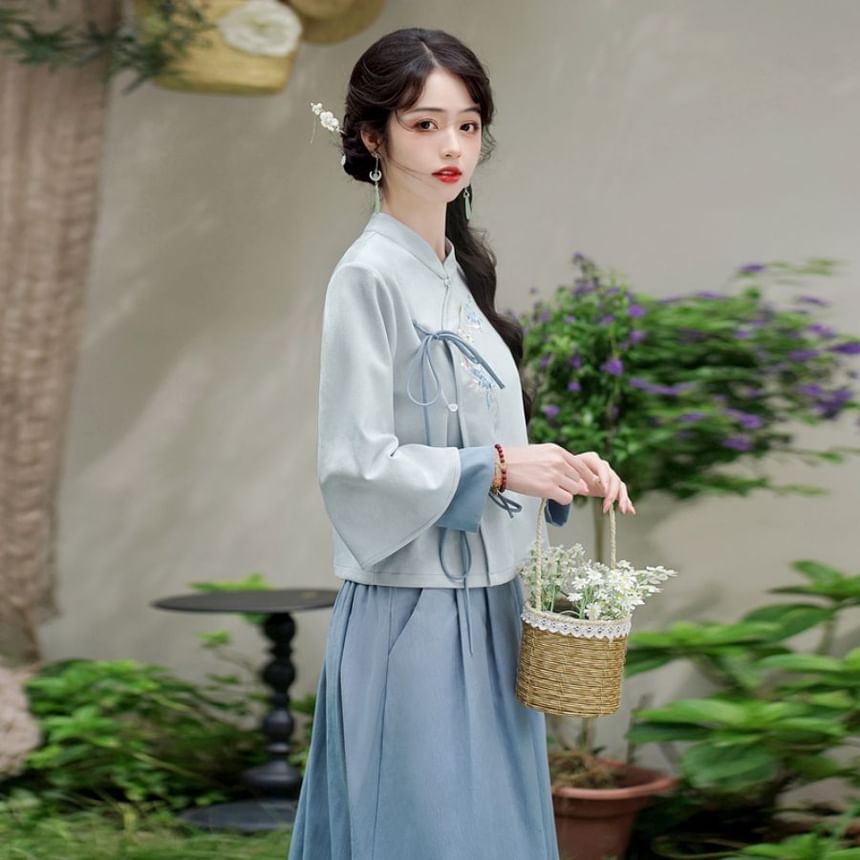 Fioridi - Hanfu-top met lange mouwen, bloemenborduursel en strik / A-lijn rok met hoge taille