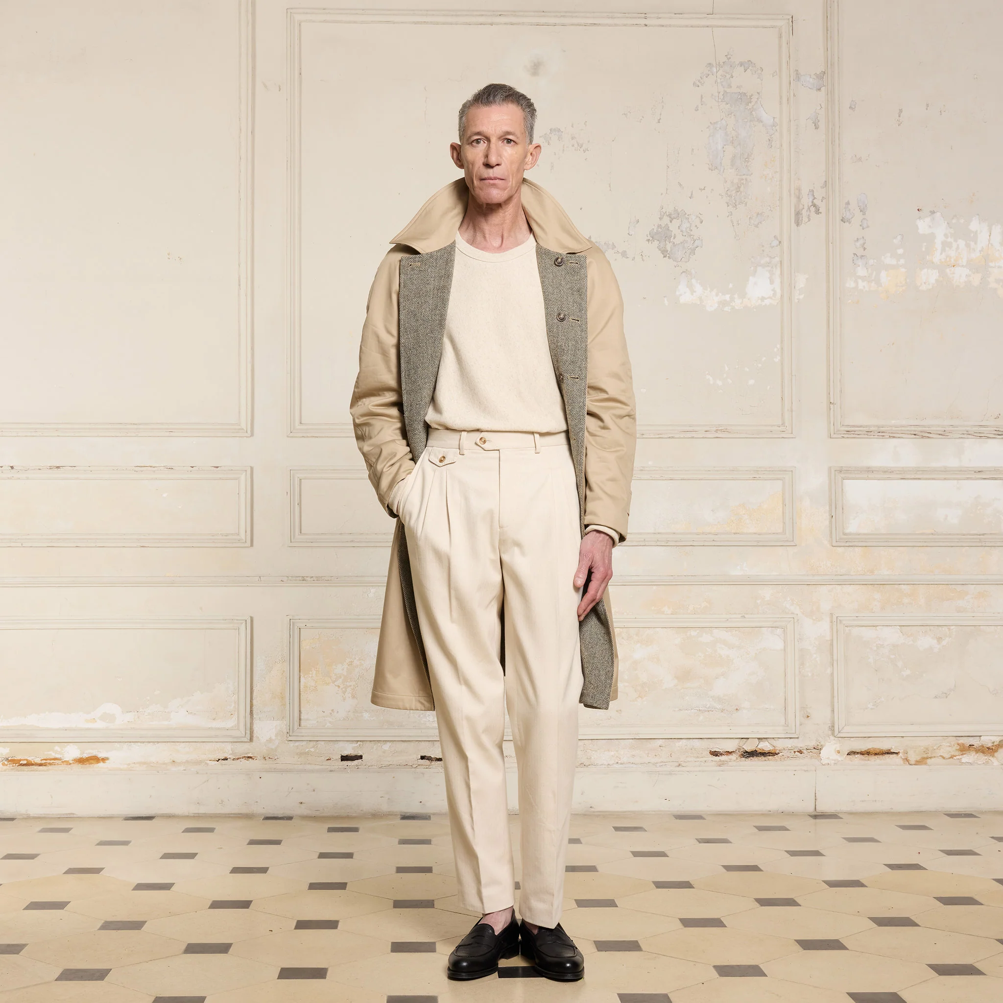 Reversible mac in water-repellent cotton and beige wool