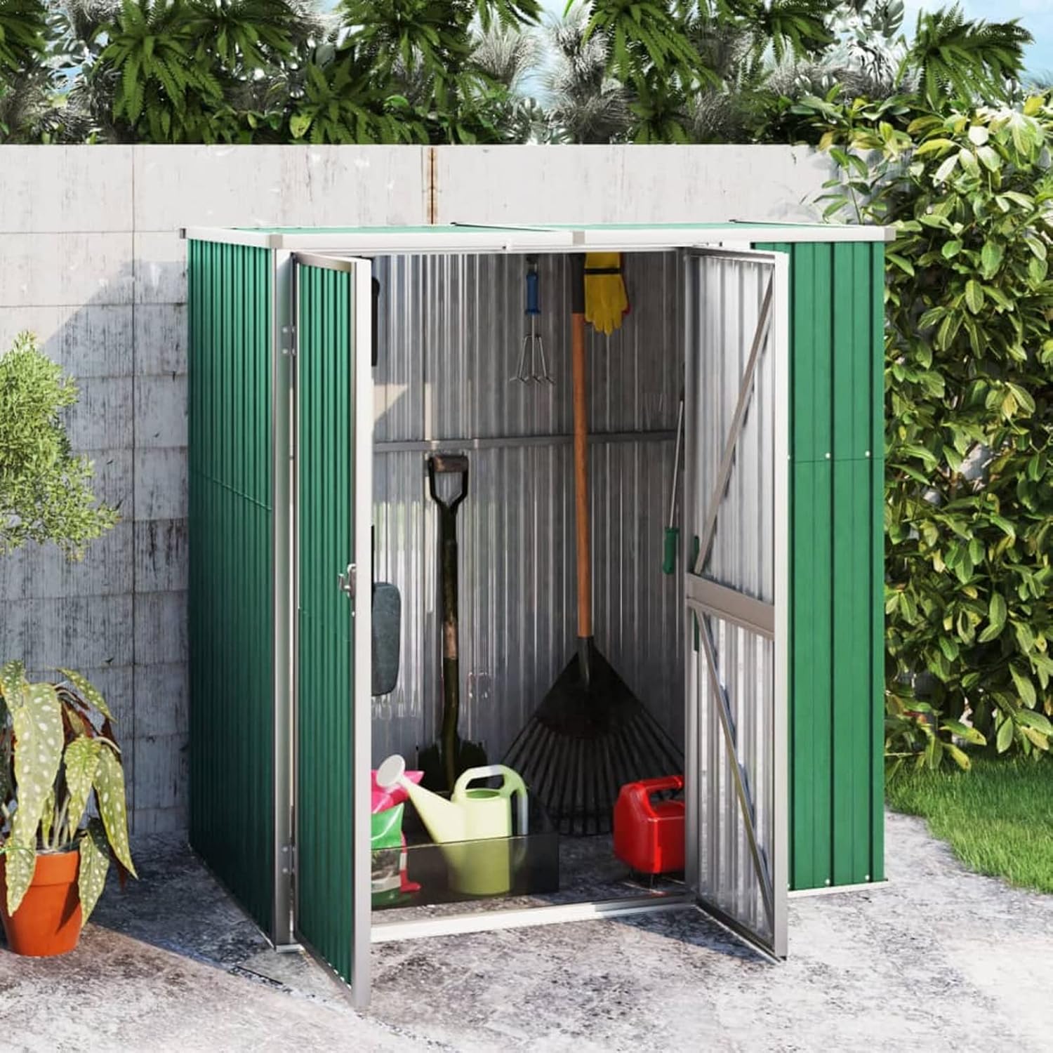 SECOLI Gerätehaus Gartenhaus Metall pultdach Geräteschuppen Outdoor Geräteschrank Stahl mit Praktischer Griff Verzinkter Stahl-Grün-161 x 89 x 161 cm