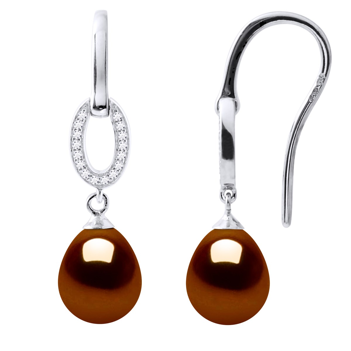 Crochets d'Oreilles Perles d'Eau Douce Poires 8-9 mm Chocolat Joaillerie Argent 925