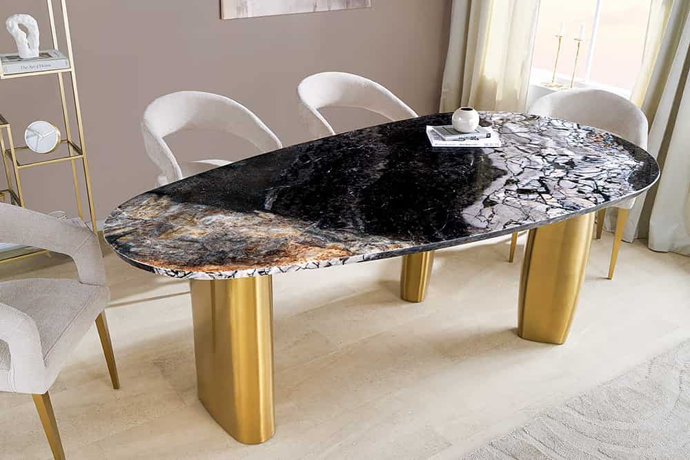 Design Esstisch ORGANIC 200cm grau weiß braun Naturstein Marmor Metall brushed gold