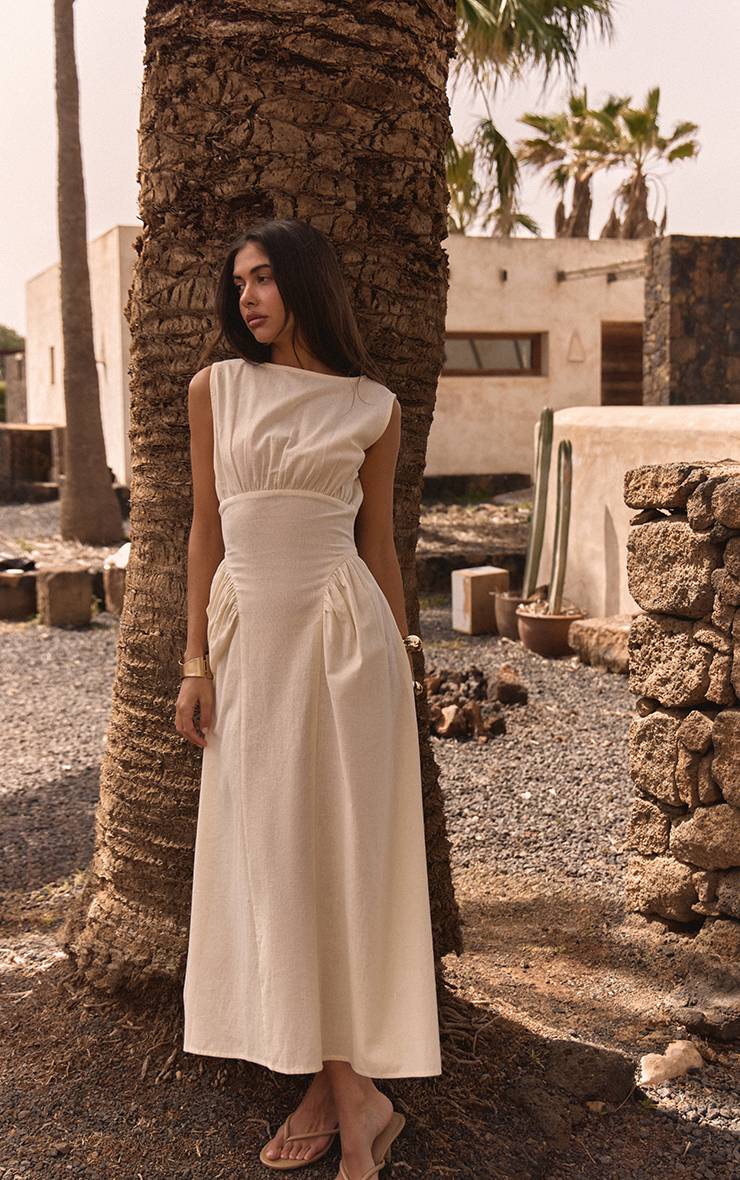 Naturel Robe Longue À Taille Froncée Effet Lin