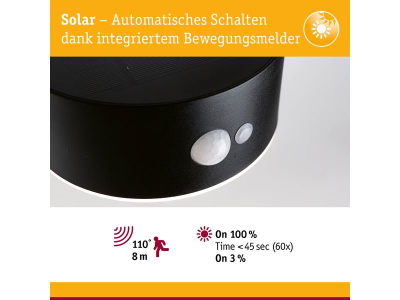 Paulmann Wandleuchte Solar Eileen, 2200K, Schwarz Sonnenbetriebene Leuchte ohne Stromkabel