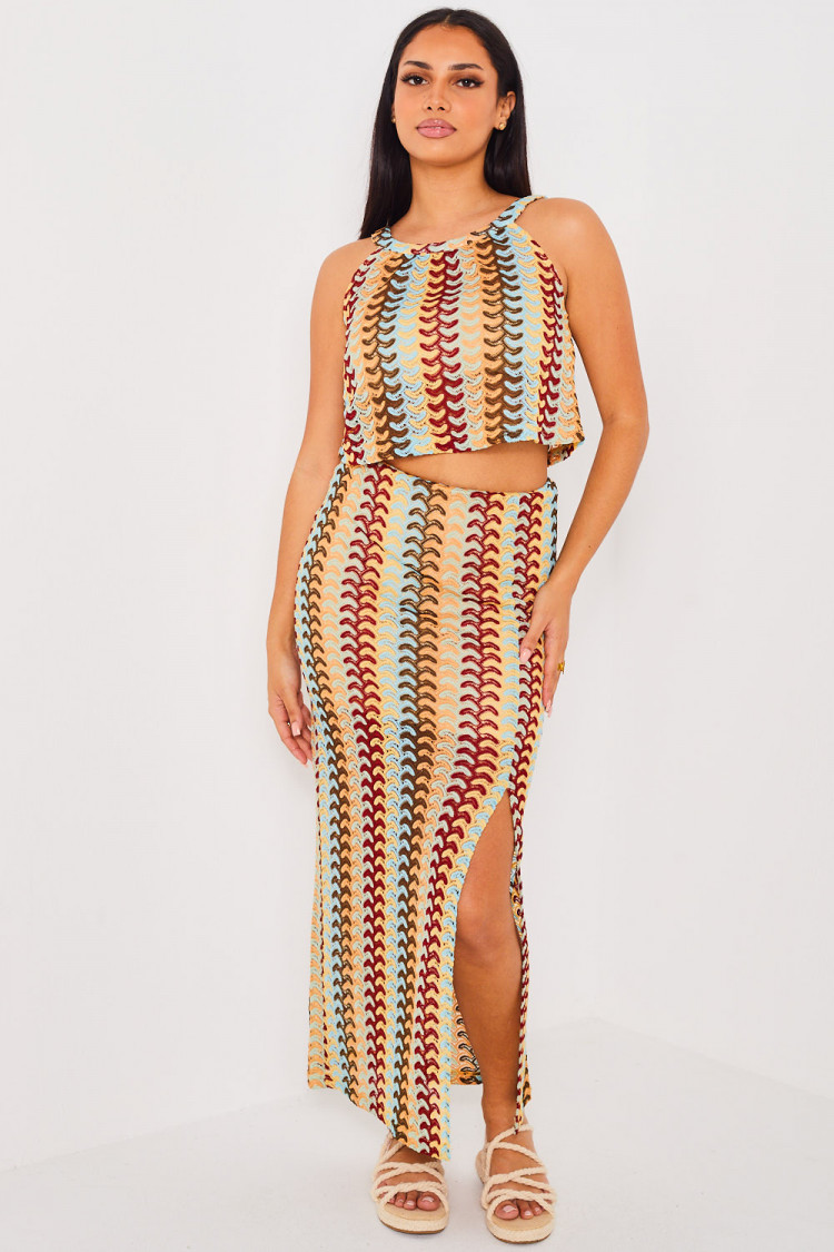 Ensemble 2 pièces top + jupe multicolore ajourée