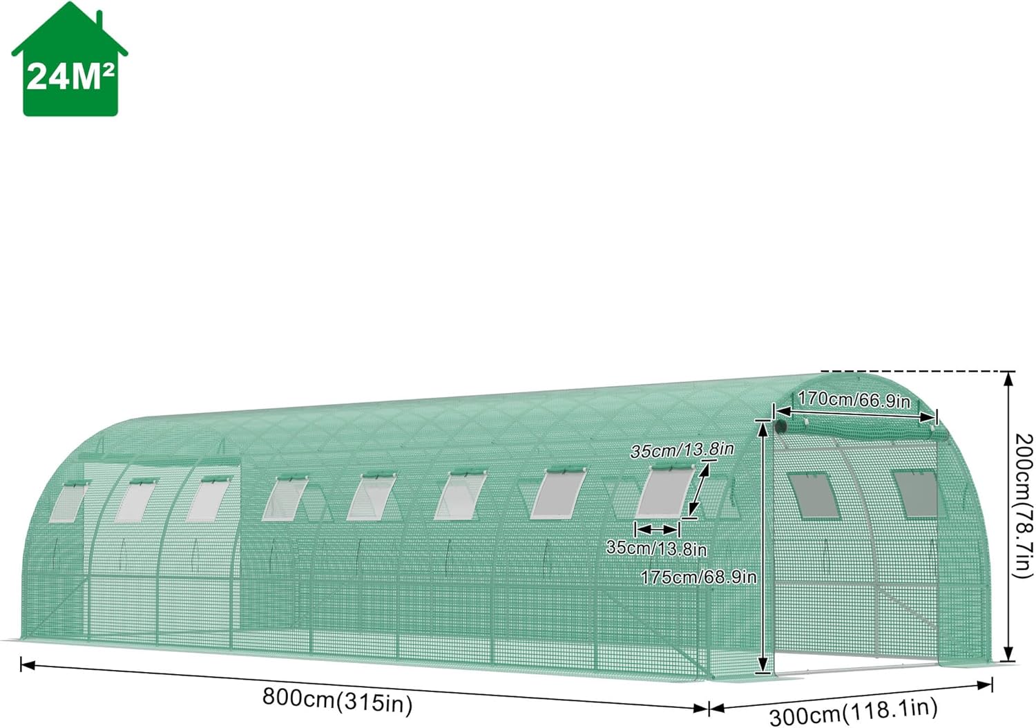 Gewächshaus 3x8 m (24 m²) – Garten Foliengewächshaus mit 16 Fenstern, UV-beständig, verzinkter Stahlrahmen, Moskitonetz, ideal für Gemüse, Tomaten, Blumen, Tomatenhaus, grün