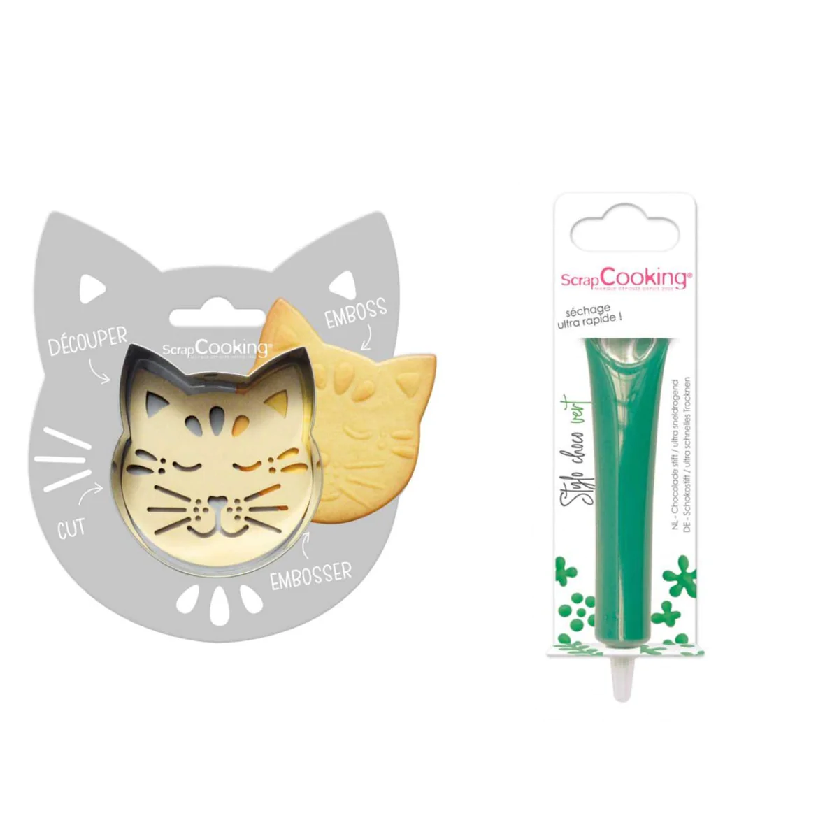 Kit pour biscuit en relief Chat + Stylo au chocolat vert Scrapcooking
