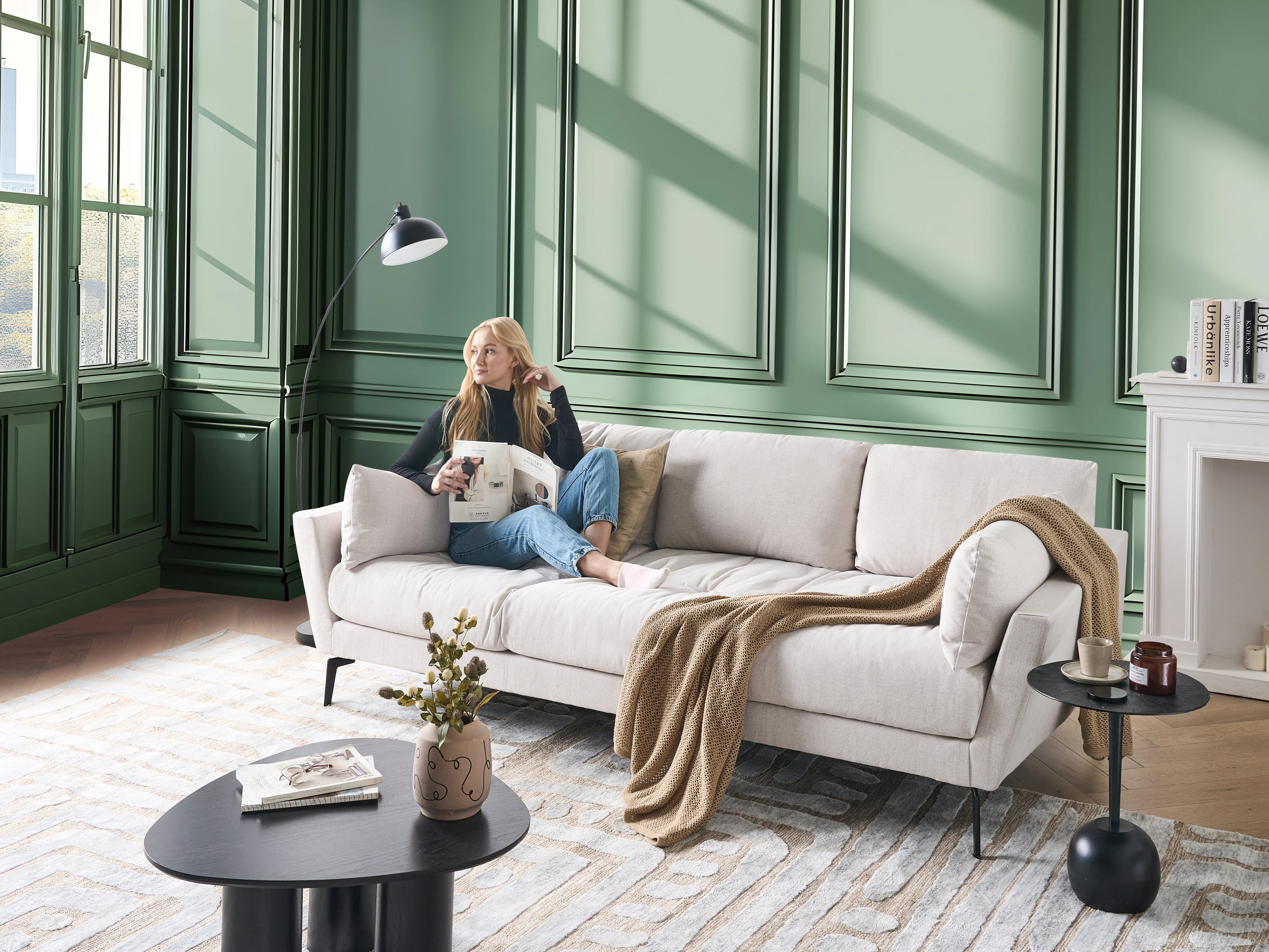 Bank 4-zits NENOLA Stof Lichtbeige