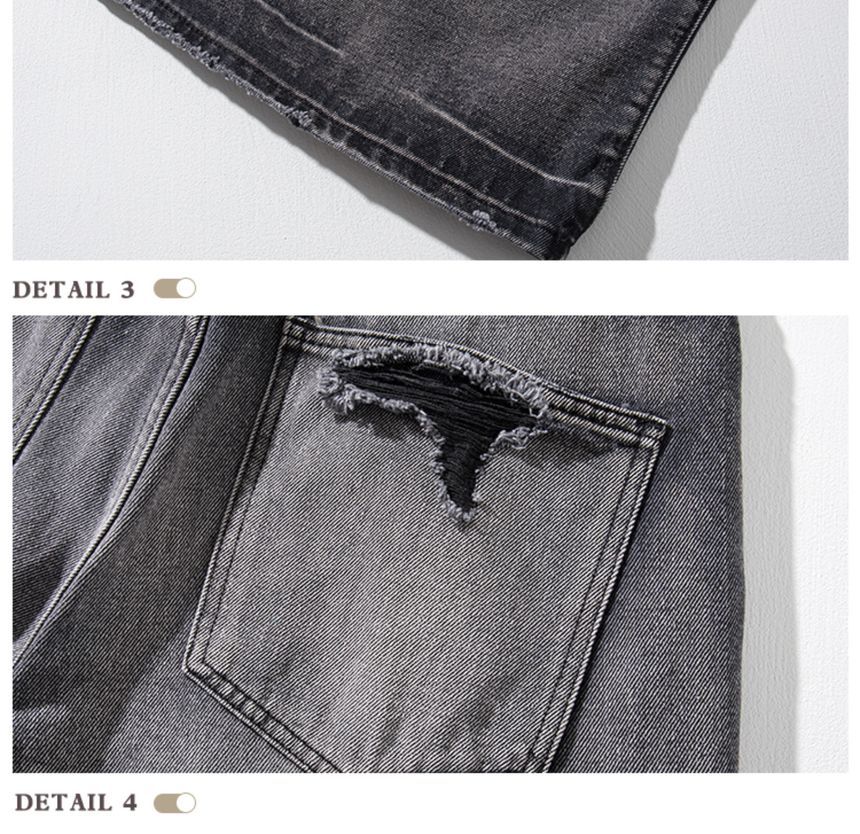 purplelouve - Mid Rise Washed Distressed Wide Leg Jeans