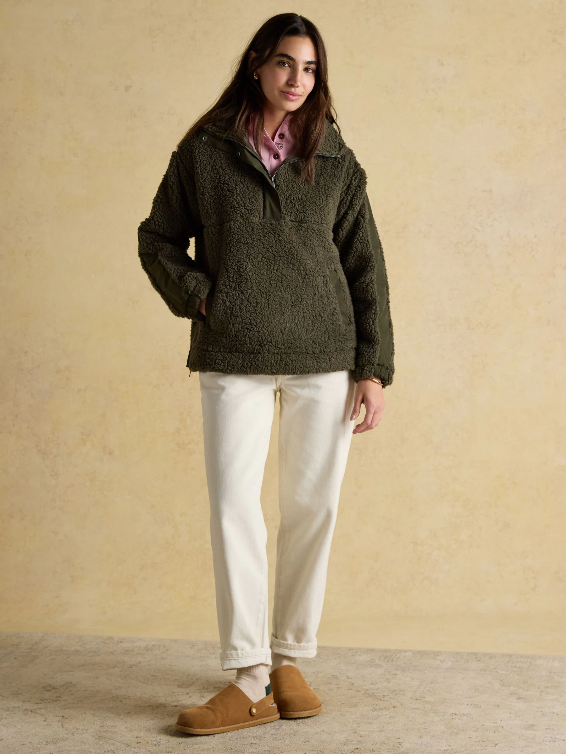 Kakigroen - Joules Tilly Borg fleece met kwartrits