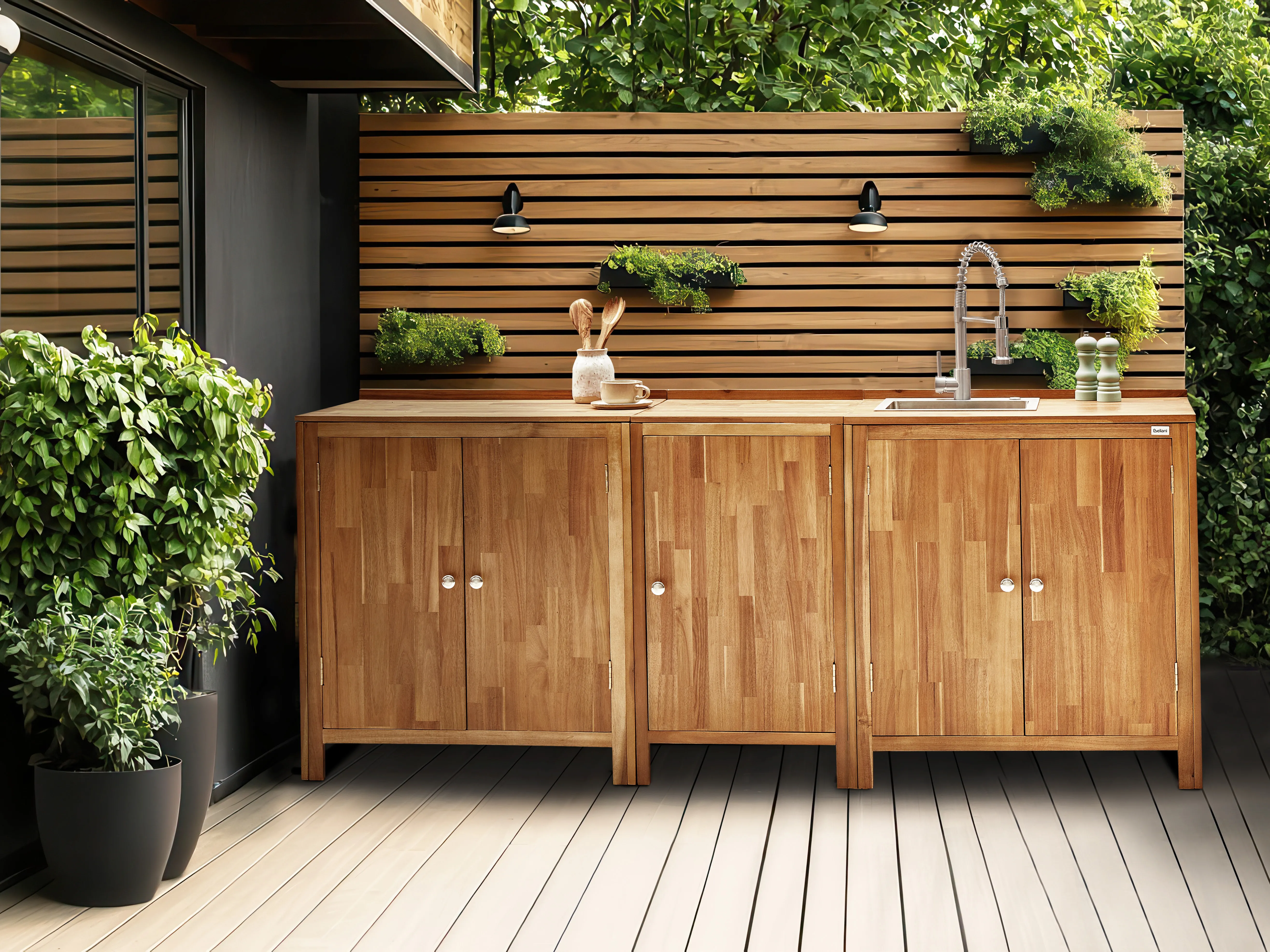 Tuin keukenkast met spoelbak VENOSA Acaciahout Bruin/zilver