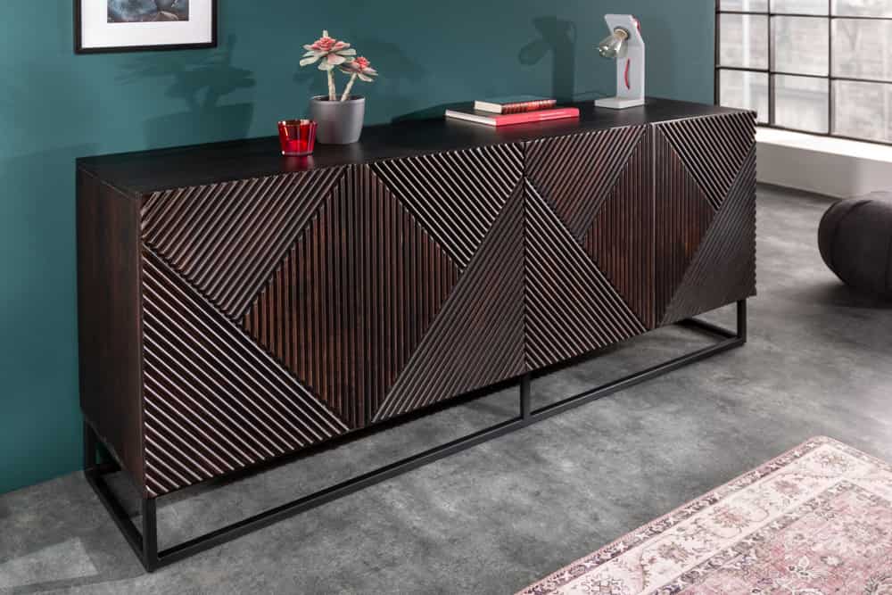Massives Sideboard CREATIVO 180cm Mangoholz aufwändige 3D Front Retro Design