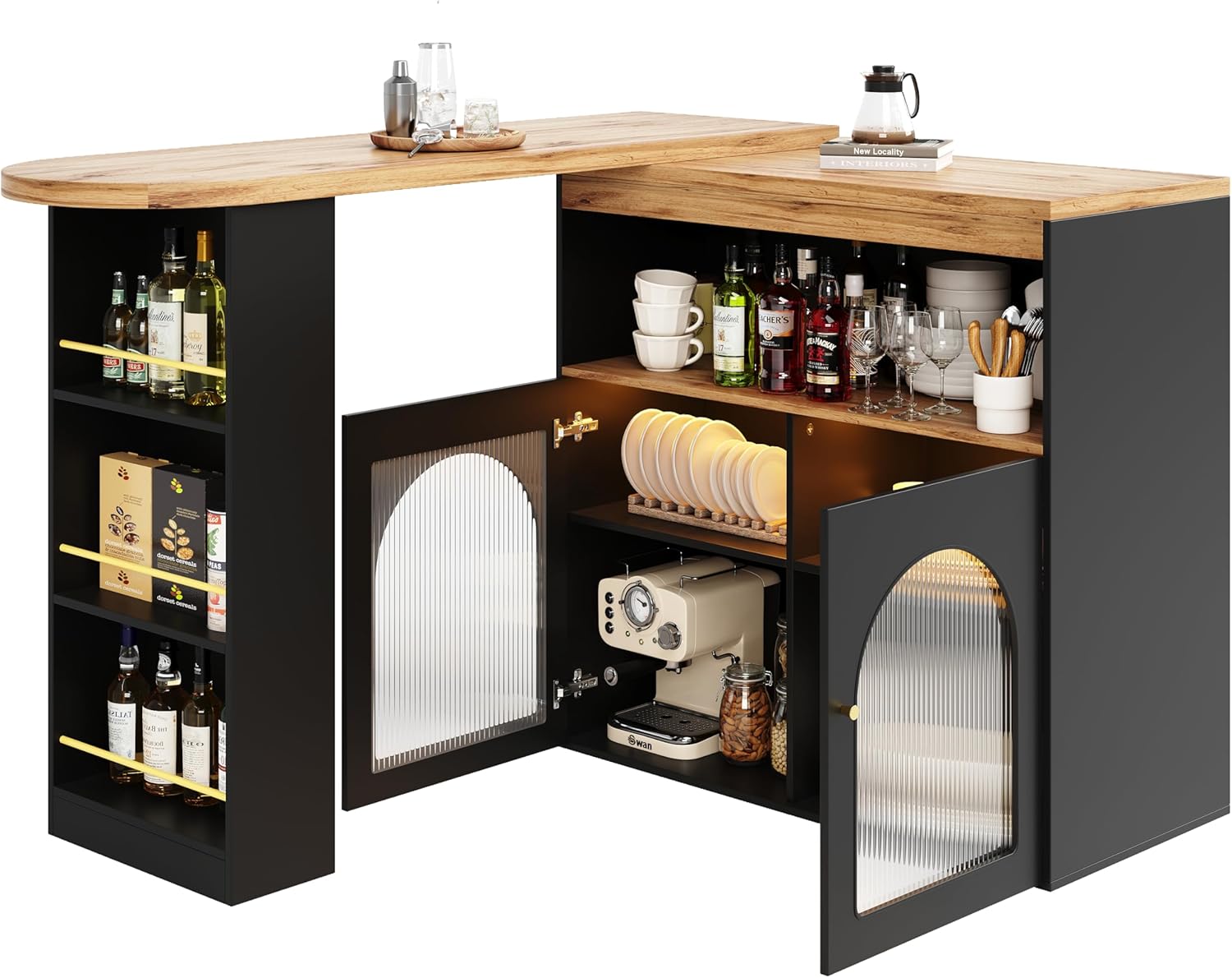 OCACA Moderner ausziehbarer Bartisch, drehbarer Hochtisch mit Stauraum und Glasfront, Kücheninsel LED Lichtleiste, für Küche und Esszimmer,138–193cm(Black+MDF) YQ3316978