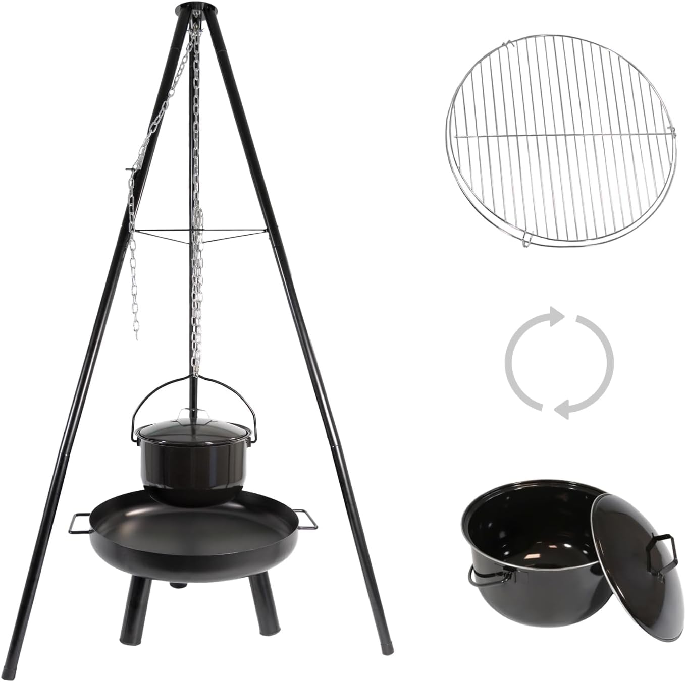 LEMODO Schwenkgrill mit Feuerschale, Dreibein Grill mit Grillrost, Hängegrill mit Gulaschkessel, 3 Bein Grill für BBQ, Grillgestell für Gulaschtopf, Holzkohlegrill mit Zubehör