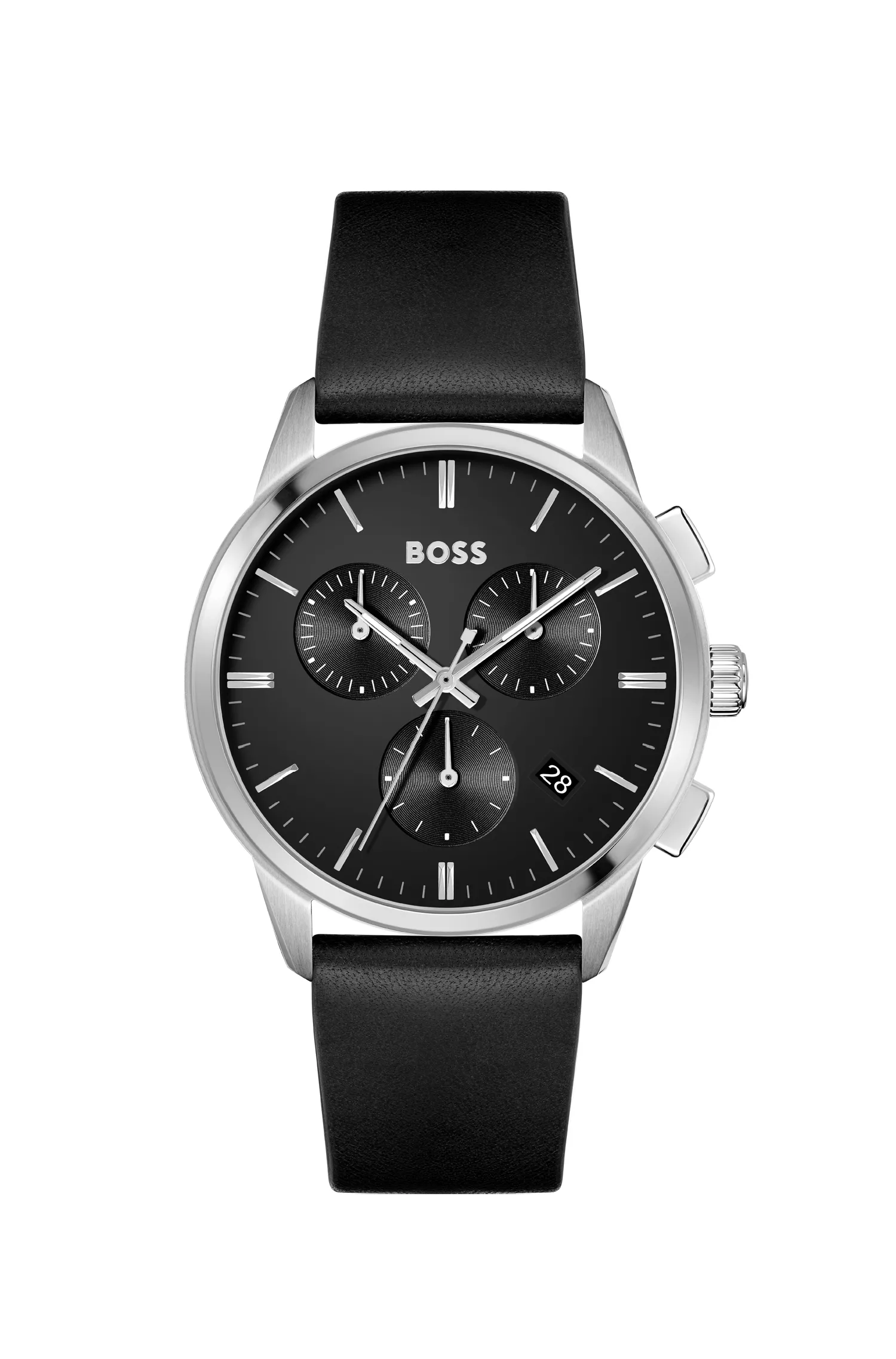 Relógio cronógrafo BOSS com mostrador preto e pulseira de couro preta.