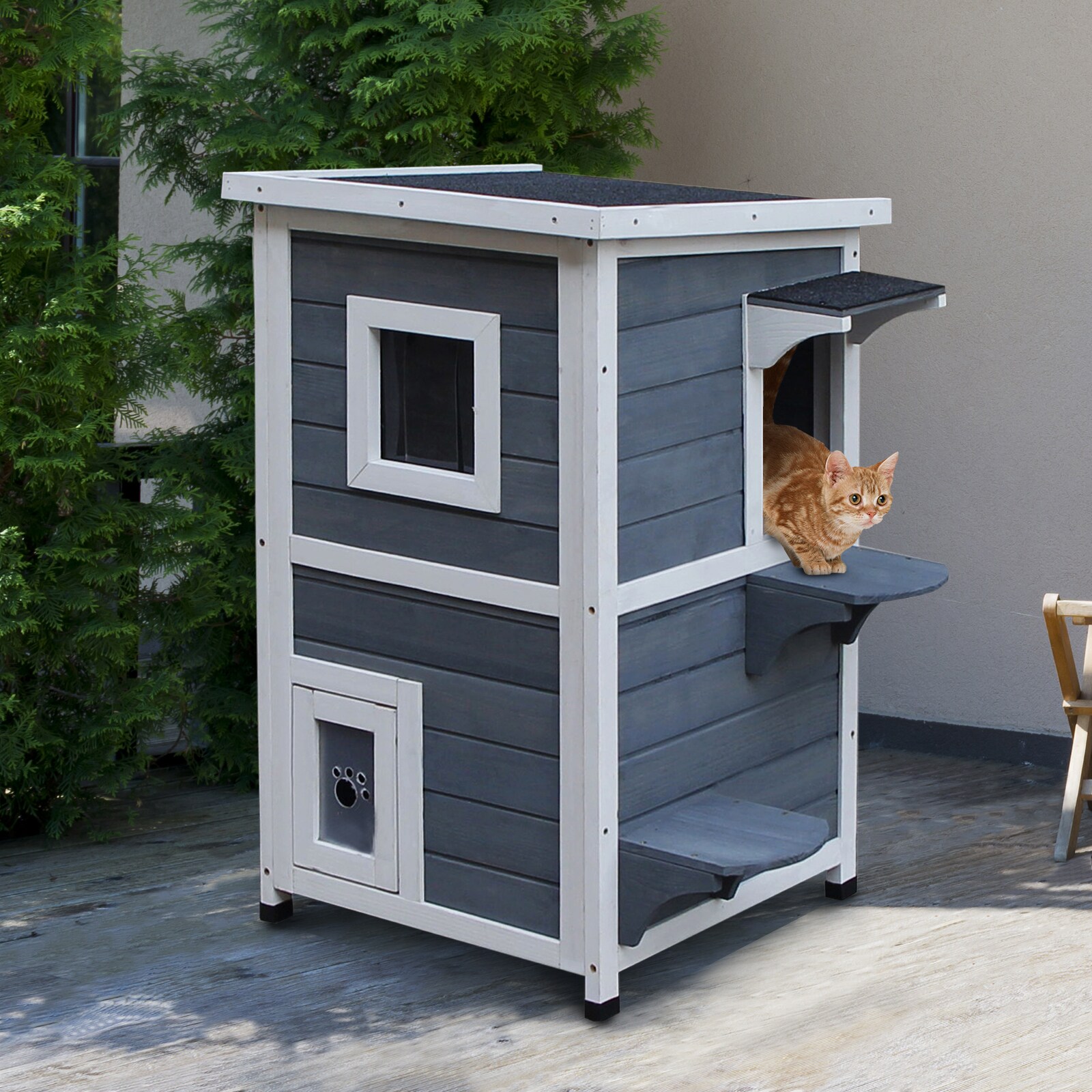 PawHut Katzenvilla mit 2 Etagen grau, weiß 51 x 51 x 81,3 cm (LxBxH)