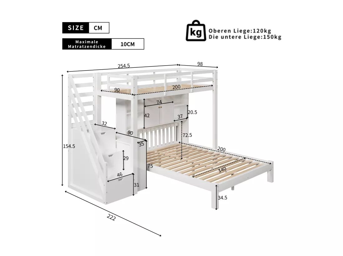 Lit superposé enfant 90x200 cm + 140x200 cm - avec escalier de rangement et bureau amovible - en Bois massif et MDF - Blanc