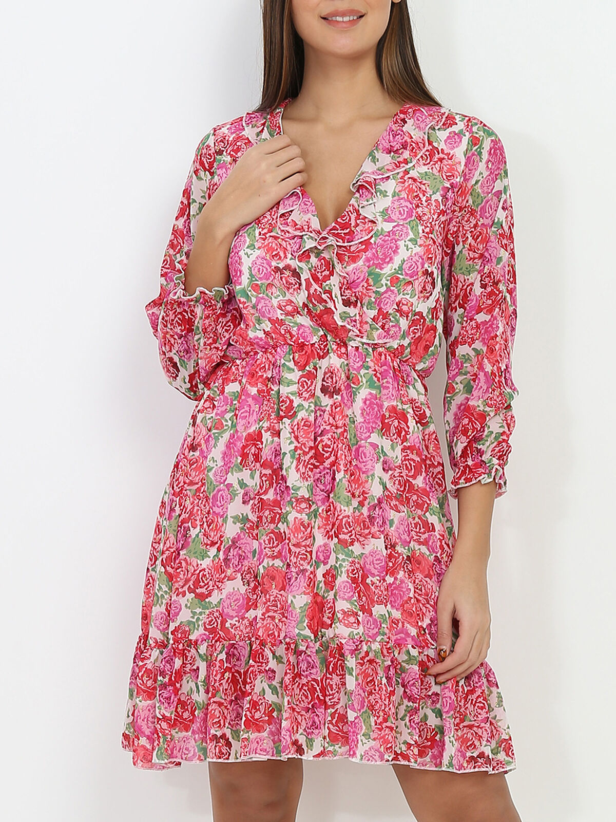 Robe à fleurs et volants- Blanc