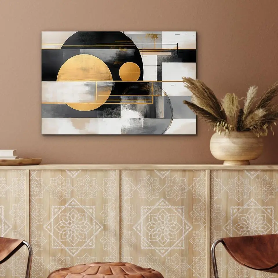MuchoWow Aluminium Schilderij 60x40cm Abstract Goud Zilver Vormen