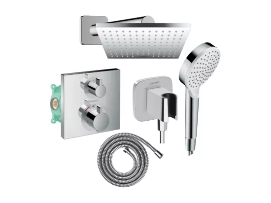 Colonne douche thermostatique HANSGROHE Ecostat Square Douche de tête Vernis Shape Flexible Metaflex Douchette Crometta chromé